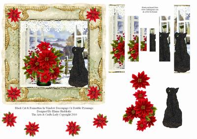 Black Cat & Poinsettias in Window Decoupage /double Pyramage
