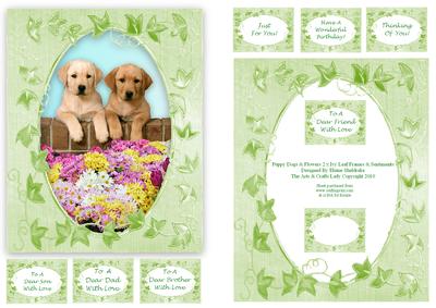 Puppy Dogs & Flowers 2 x Ivy Leaf Frames & 8 Sentiments
