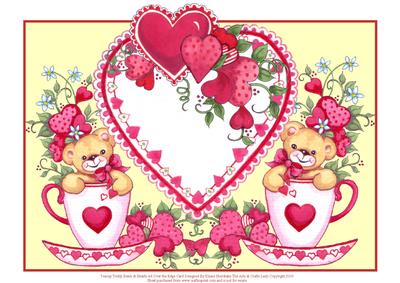 Teacup Teddy Bears & Hearts A4 Over the Edge Card