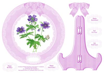 Geranium & Butterfly Pink Plate Card, Stand & 5 x Sentiments