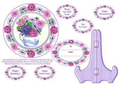 Anemone Plate Card & Stand with 5 x Sentiments & Gift Tag