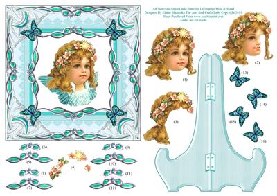 Art Nouveau Angel Child Butterfly Decoupage Plate & Stand