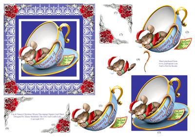 Cup & Saucer Christmas Mouse Decoupage Square Card Sheet