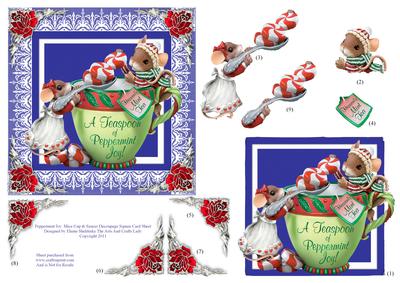 Peppermint Joy Mice Cup & Saucer Decoupage Square Card Sheet