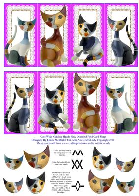 Cats with Nodding Heads Pink Diamond Fold Card Sheet