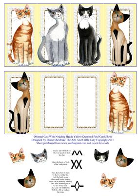 Oriental Cats with Nodding Heads Gold Diamond Fold Card