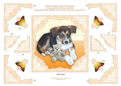 Buddy the Puppy Dog Decoupage Lace Frame Corner Stacker Card