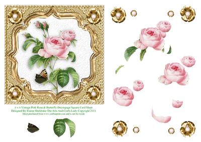 6" x 6" Vintage Rose & Butterfly Decoupage Gold Square Card