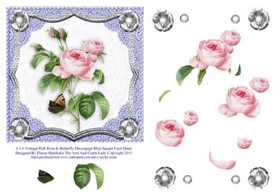 6" x 6" Vintage Rose & Butterfly Decoupage Blue Square Card