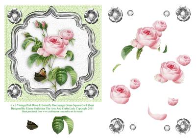 6" x 6" Vintage Rose & Butterfly Decoupage Green Square Card