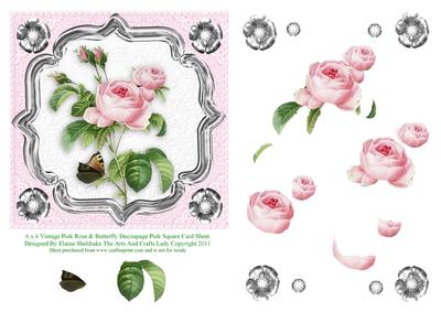 6" x 6" Vintage Rose & Butterfly Decoupage Pink Square Card
