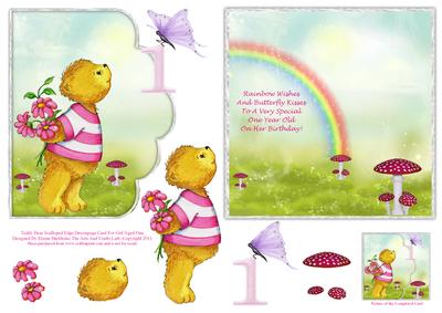 Teddy Bear Scalloped Edge Decoupage Card for Girl Aged One