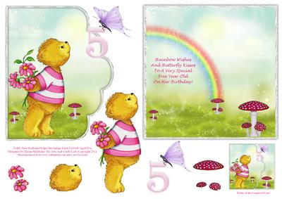 Teddy Bear Scalloped Edge Decoupage Card for Girl Aged Five