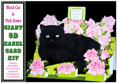 Black Cat & Pink Roses - 3D A4 Giant Easel Card Kit