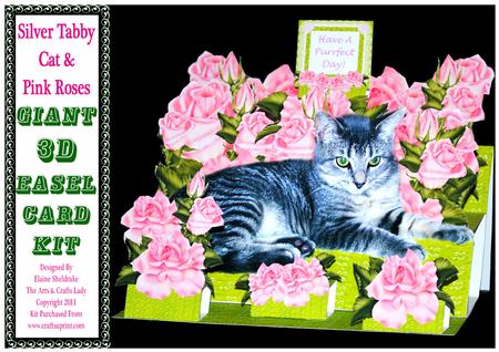Silver Tabby Cat & Pink Roses - 3D A4 Giant Easel Card Kit