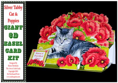 Silver Tabby Cat & Red Poppies - 3D A4 Giant Easel Card Kit