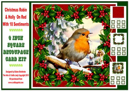 Christmas Robin & Holly on Red 6" Square Decoupage Card Kit