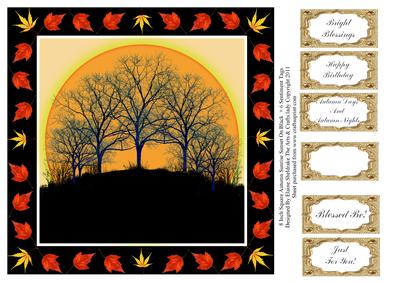 8 Inch Autumn Trees Sunrise Sunset on Black + 6 Sentiments