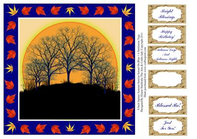 8 Inch Autumn Trees Sunrise Sunset on Blue + 6 Sentiments