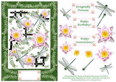 Oriental Dragonfly Dreams & Waterlily Decoupage Card Sheet 1