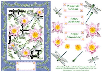 Oriental Dragonfly Dreams & Waterlily Decoupage Card Sheet 3