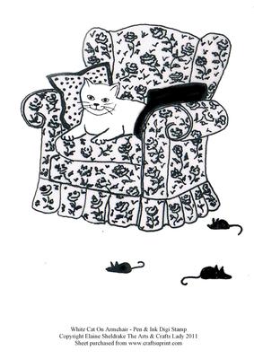 White Cat on Armchair - Pen & Ink Drawing Digi Stamp