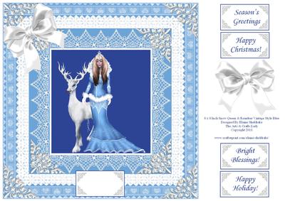 8 x 8 Inch Snow Queen and Reindeer Vintage Style Blue Lace