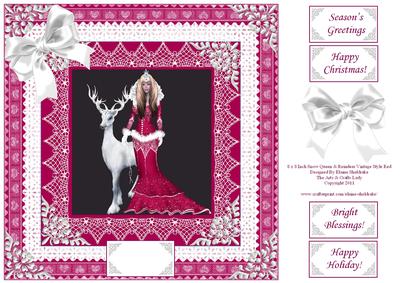 8 x 8 Inch Snow Queen and Reindeer Vintage Style Red Lace