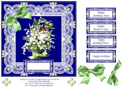 Vintage Cat & Lily of Valley Square Lace Card Front