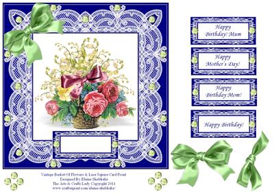 Vintage Basket of Flowers Roses and Lace Square Card for Mum