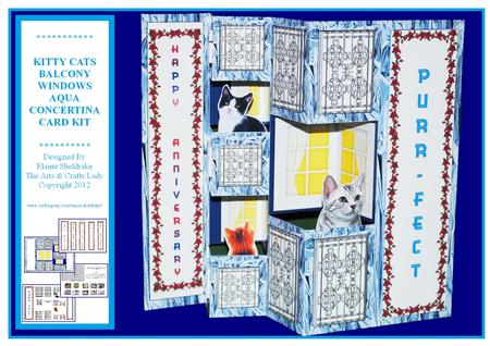 Kitty Cats on Balcony Windows Aqua Concertina Card Kit