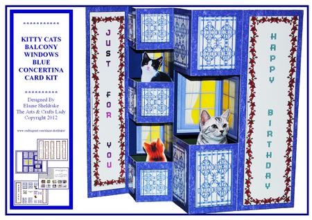 Kitty Cats on Balcony Windows Blue Concertina Card Kit
