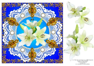 8 x 8 White Lily Flowers Pearls and Vintage Lace Blue Card