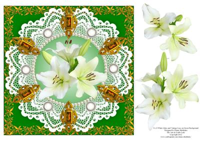 8 x 8 White Lily Flowers Pearls and Vintage Lace Green Card