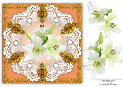 8 x 8 White Lily Flowers Pearls and Vintage Lace Peach Card