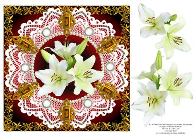8 x 8 White Lily Flowers Pearls and Vintage Lace Ruby Card