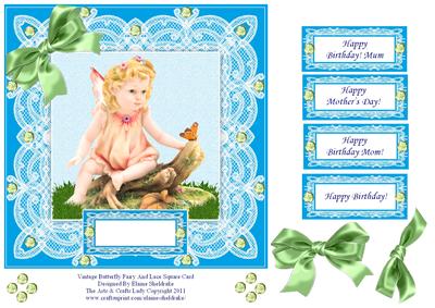 8 x 8 Vintage Butterfly Fairy and Lace on Turquoise Card