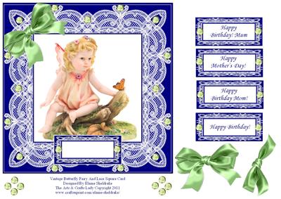 8 x 8 Vintage Butterfly Fairy and Lace on Blue Card