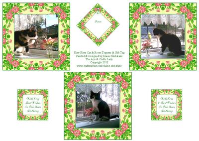 Katy Kitty Cat and Watercolour Rose Toppers and Gift Tag