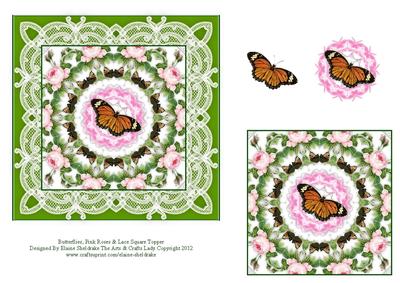Butterflies, Pink Roses & Vintage Lace Square Topper