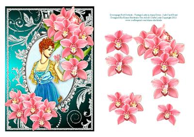 Decoupage Red Orchids and Vintage Lady in Aqua Dress - Jade