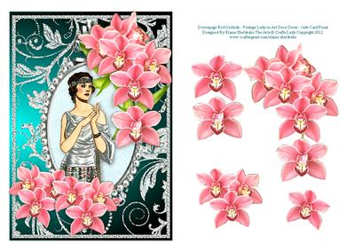 Decoupage Red Orchids Vintage Lady in Art Deco Dress - Jade