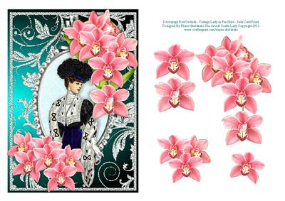 Decoupage Red Orchids and Vintage Lady in Fur Stole - Jade