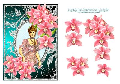 Decoupage Red Orchids and Vintage Lady in Pink Dress - Jade