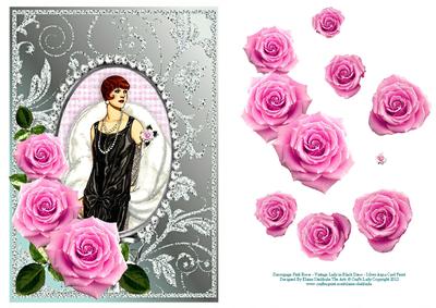Decoupage Pink Roses and Vintage Lady in Black Dress - Aqua