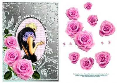 Decoupage Pink Roses and Vintage Lady in Black Gown - Aqua
