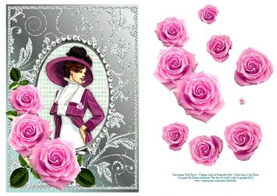 Decoupage Pink Roses and Vintage Lady in Burgundy Hat - Aqua