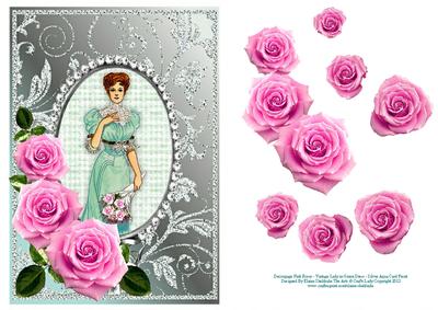 Decoupage Pink Roses and Vintage Lady in Green Dress - Aqua