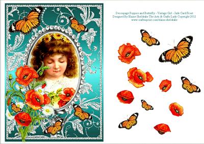 Poppies Daisies Butterflies - Vintage Girl - Jade Card Front