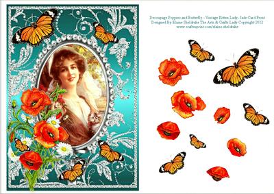 Poppies Daisies Butterflies - Vintage Lady - Jade Card Front